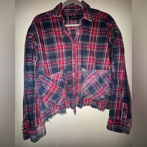 Zara Woman Blue & Red Distressed Plaid Flannel EUC